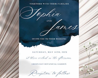 Navy Blue Watercolor Wedding Invitation Template - Printable Elegant Minimalist Invite - Editable Canva Wedding Suite 5x7 - A056