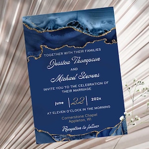Navy Blue and Gold Wedding Invitation Template - Printable Elegant Invite - Editable Canva Wedding Suite 5x7 - A006