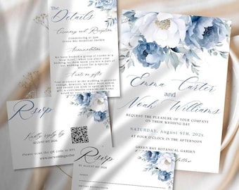 Dusty Blue Wedding Invitation Template - Printable Elegant Floral Wedding Invite - Editable Canva Wedding Suite 5x7 - A062