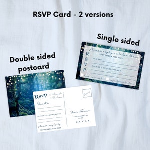 May include: A double-sided postcard with a forest scene featuring a deer and twinkling lights. The front of the card has the text "RSVP" and the back has the text "Your Names" and a space for an address. The card is designed for a wedding or other special event.