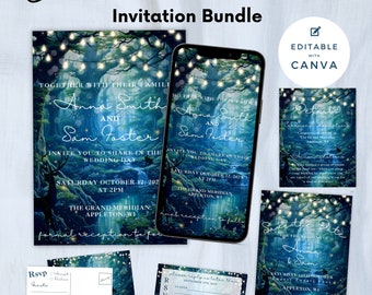 Enchanted Forest Wedding Invitation Template Suite - Editable Evite Fairytale Fantasy Woodland Invite Set Printable - Canva Template - A011