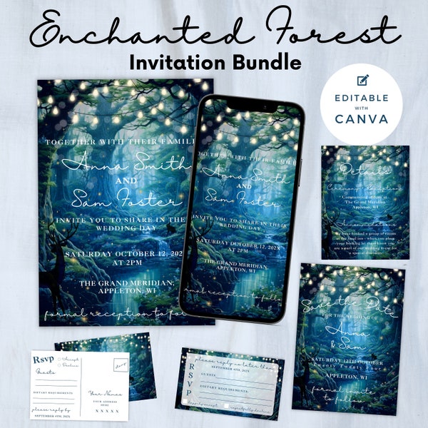 Enchanted Forest Wedding Invitation Template Suite - Editable Evite Fairytale Fantasy Woodland Invite Set Printable - Canva Template - A011