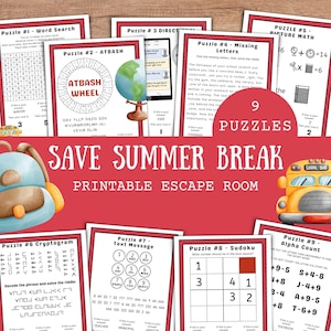 May include: A collection of nine printable escape room puzzles with a summer break theme. The puzzles include word searches, cryptograms, and picture math problems. A yellow school bus graphic is also present.
