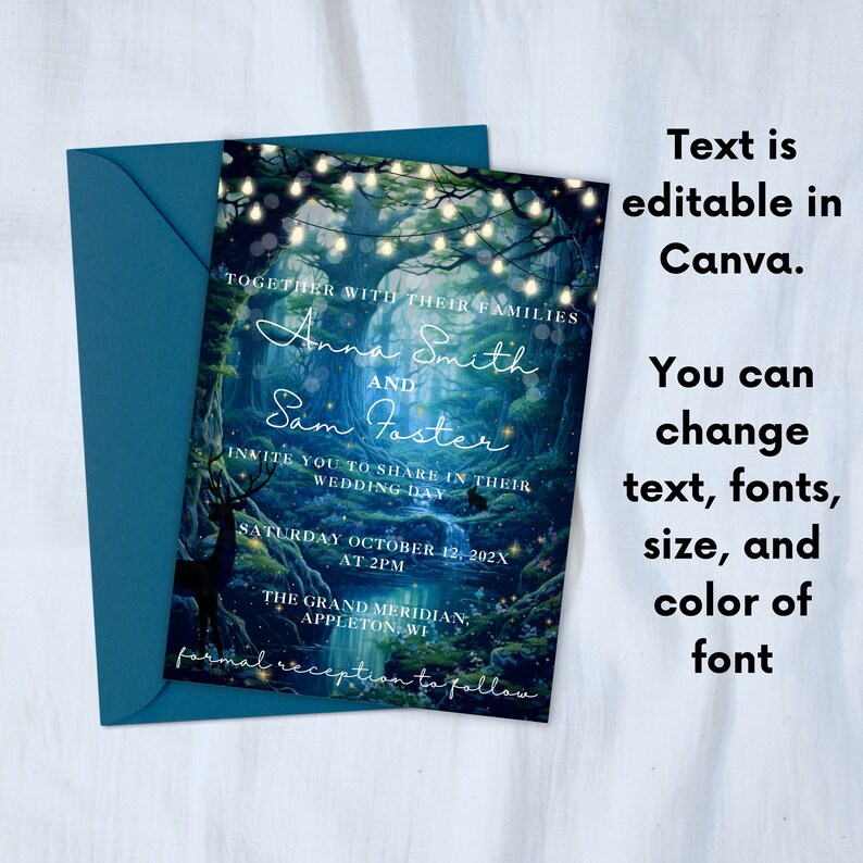 May include: An editable wedding invitation template featuring a whimsical forest scene with glowing lights, a waterfall, and a deer. The text reads "Together with their families, Anna Smith and Sam Foster invite you to share in their wedding day, Saturday October 12, 202X at 2PM, The Grand Meridian, Appleton, WI, formal reception to follow."