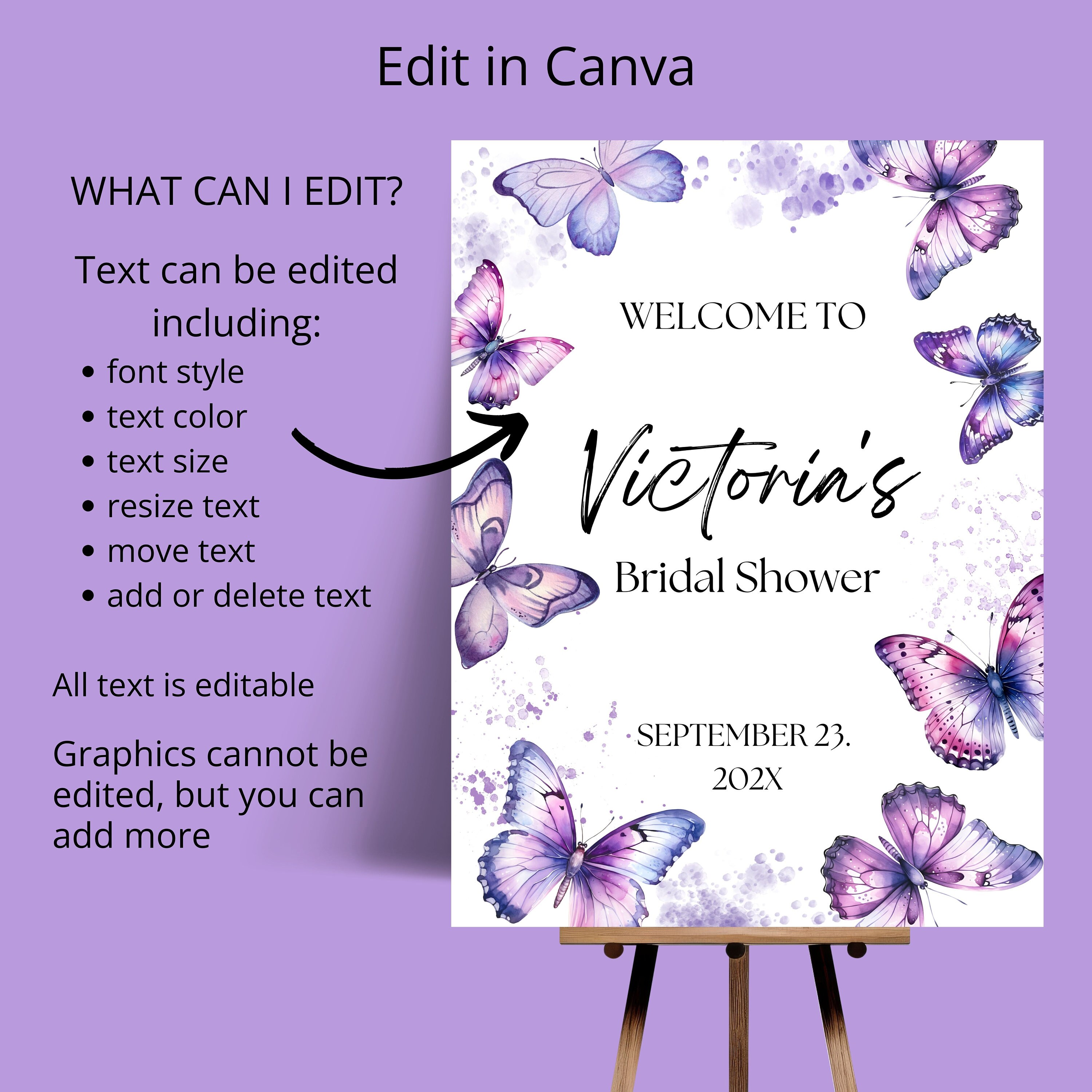 Bridal Shower Welcome Sign - Editable Purple Butterfly Baby Shower or ...