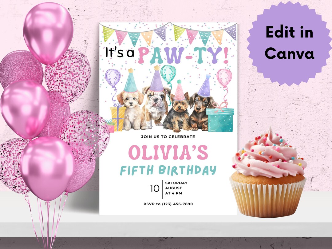 Puppy Birthday Party Invitation - Editable Dog Invite for Girls ...