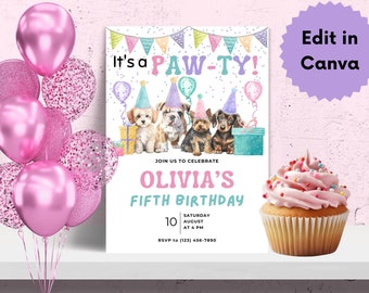 Invitación de cumpleaños para cachorros - Plantilla editable de invitación para niñas con temática de perros - Fiesta de adopción de mascotas - HB001
