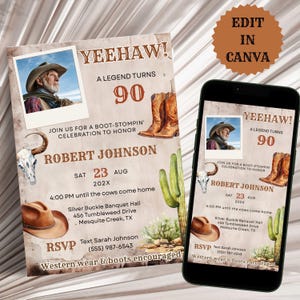 May include: A western-themed invitation with the text "YEEHAW! A LEGEND TURNS 90." The design includes a photo of a cowboy, cowboy boots, a hat, and a steer skull. The invitation is for Robert Johnson's 90th birthday celebration.
