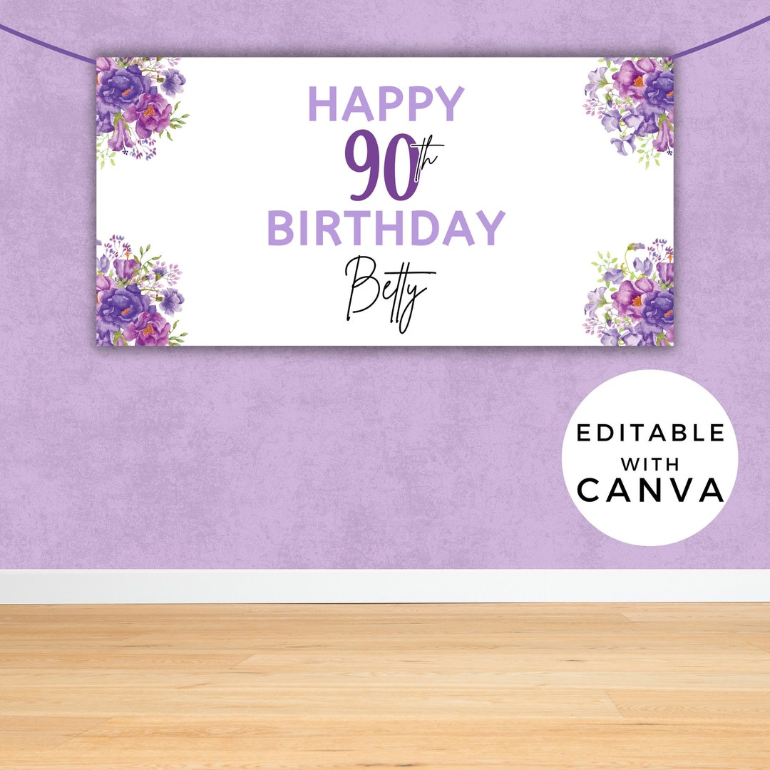 90th Birthday Banner - Editable Rectangle Party Sign Template - Purple ...