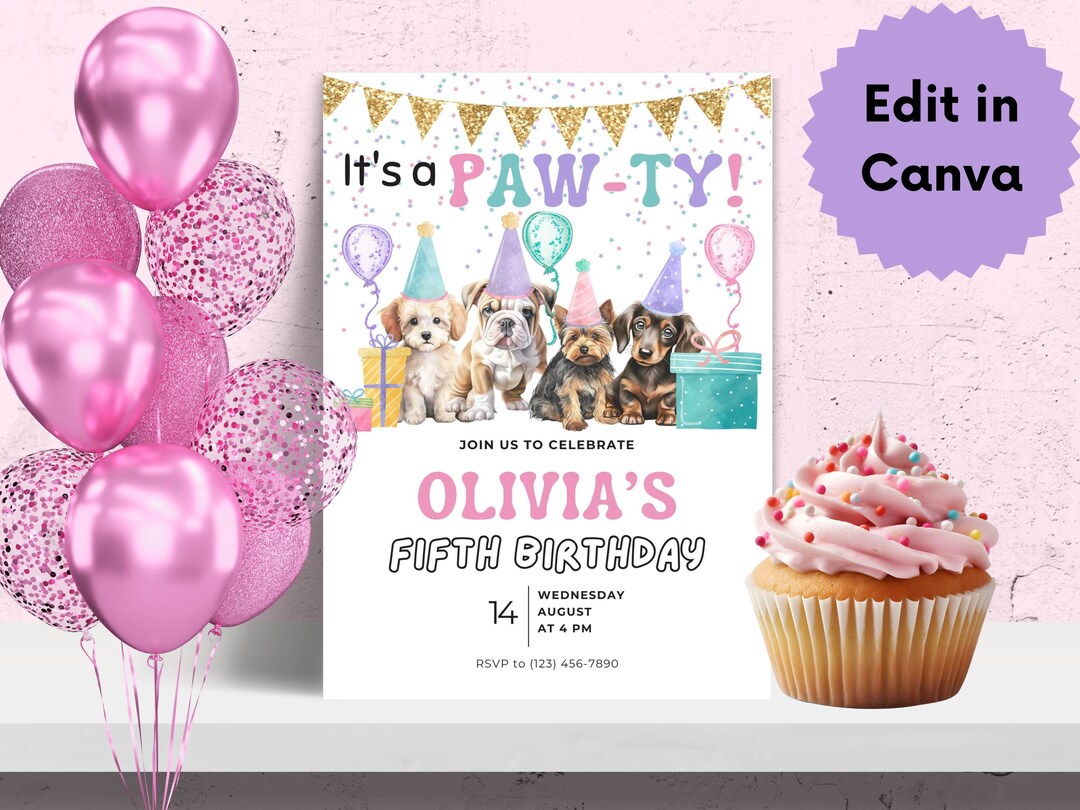 Puppy Birthday Party Invitation - Editable Dog Invite for Girls ...