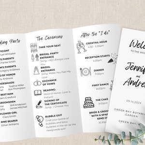 以下が含まれることがあります： 白黒のデザインの結婚式プログラム。プログラムには、結婚式パーティー、式典の詳細、レセプションのスケジュールが含まれています。プログラムには、ジェニファーとアンドリューの名前、日付 09.14.202X、場所グリーンベイ植物園も含まれています。