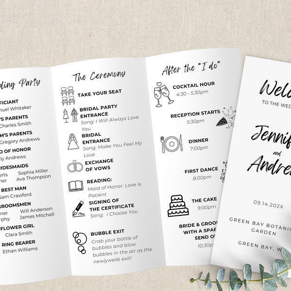 Trifold Wedding Program - Printable Folded Infographic Template Download w/ Wedding Day Timeline Schedule