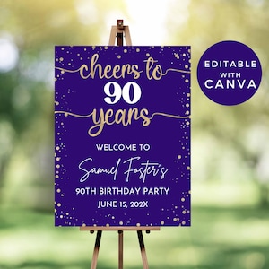 Cartel de bienvenida "Saludos por los 90 años" - Plantilla editable para cumpleaños de cualquier edad - Descarga instantánea - 90B09 morado