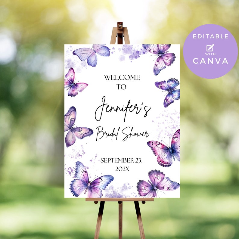 Bridal Shower Welcome Sign - Editable Purple Butterfly Baby Shower or ...