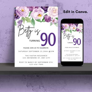 90th Birthday Invitation - Editable Invite Template for Any Age - Purple Floral - 90B07