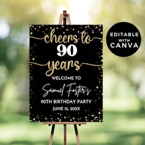 Cheers to 90 Years Welcome Sign - Editable Any Age Birthday Sign Template Black and Gold - Instant Download - 90B11