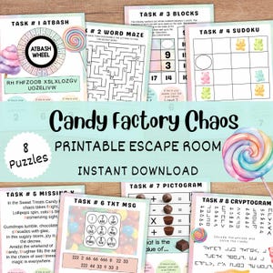 May include: A printable escape room game themed around a candy factory. The game includes eight puzzles, each with a different task, such as solving a word maze, a cryptogram, or a Sudoku puzzle. The puzzles are designed to be challenging and fun for kids and adults alike.