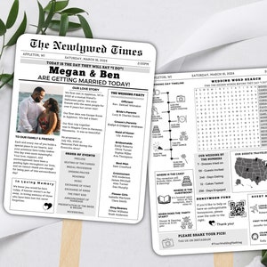 May include: A black and white newspaper-style wedding program with a photo of the couple, a wedding timeline, a word search puzzle, and a map showing where guests traveled from. The program includes the text "The Newlywed Times" and "Megan & Ben are getting married today!"
