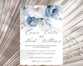 Dusty Blue Wedding Invitation Template - Printable Elegant Floral Wedding Invite - Editable Canva Wedding Suite 5x7 - A062