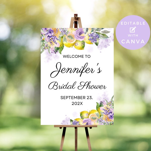 Lemon Themed Bridal Shower Sign - Editable Purple & Yellow Floral Welcome Sign - Printable Template - Instant Download - BRI007