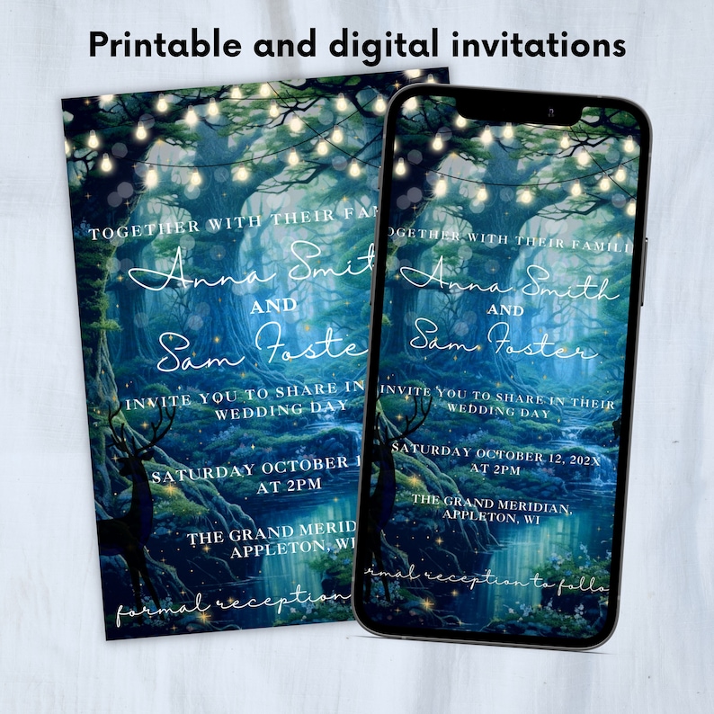 May include: A digital and printable wedding invitation with a blue and green forest background. The invitation features a couple's names, "Anna Smith and Sam Foster", and details about their wedding day. The text reads "Together with their families, Anna Smith and Sam Foster invite you to share in their wedding day, Saturday October 12, 202x at 2pm, The Grand Meridian, Appleton, WI. Formal reception to follow."