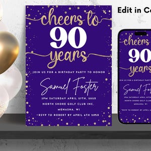 90th Birthday Invitation - Cheers to 90 Years Editable Invite Template for Any Age - Purple and Gold 90B010
