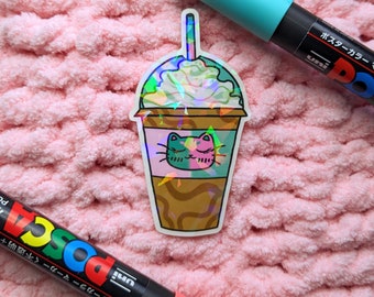 Holographic Carmel Cat Frappuccino Sticker | Cute Sparkly Coffee Sticker | Laptop Stickers | Waterbottle Stickers | Car Stickers