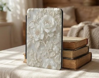 Funda para Kindle con relieve floral color marfil / Textura de rosa vintage, cubierta protectora (Paperwhite) / Día de la Madre / Regalo para ella