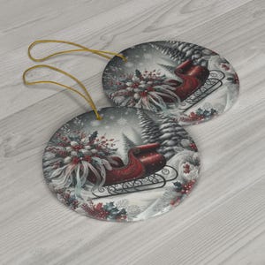 Sleigh Ceramic Ornament, Festive Sleigh Christmas Ornament, Holiday Decoration, Housewarming Gift Christmas Decor, Hallmark Ornaments,