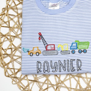 Striped Toddler Shirt, Personalized Construction Truck Embroidered Shirt, Custom Kids&#39; Name Shirt, Dump Truck & Crane Shirt