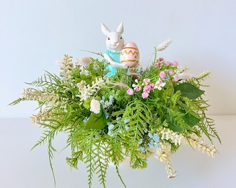 Small Rabbit Table Centerpiece, Easter Tabletop Centerpiece, Spring Flower Arrangement, Spring Silk Flower Arrangement, Farmhouse Decor