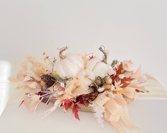 Dry Flower Arrangement with Artificial leaves and Velvet pumpkins, All season Table Centerpiece, Dry Flowers for Home