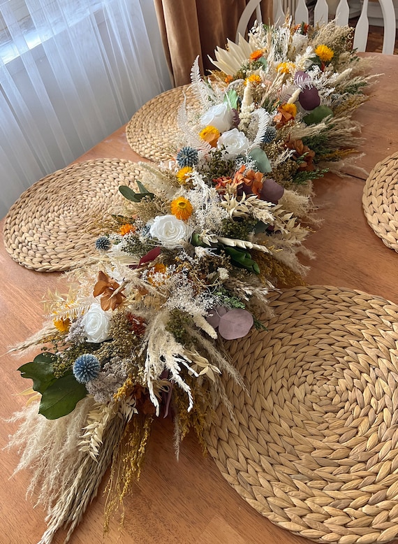 4 ft Long Dry Flower Arrangement, Summer Wildflowers Table Centerpiece, Dried Flowers and Preserved Flowers Long Table Arrangement