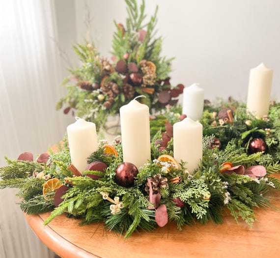 Perfect Christmas gift, Farmhouse Christmas Present with Dried Oranges, Holiday Table Decor, Christmas Arrangement with 3 Candles