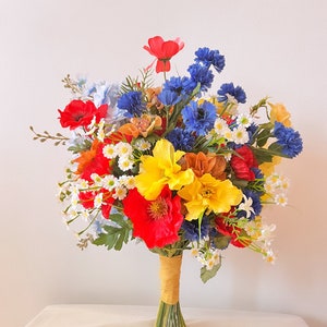 Large silk wildflowers & poppy bridal bouquet, Artificial farmhouse style wedding bouquet, Colourful fake flowers bouquet, Silk poppy flower