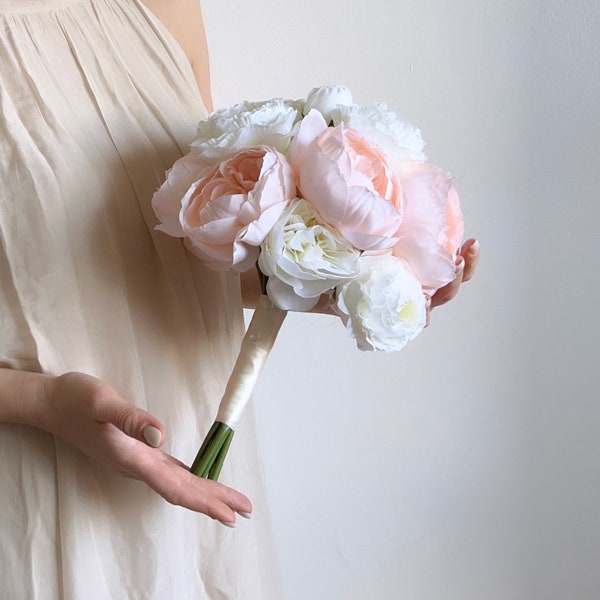 Zijde Blush en witte pioen bruidsboeket, nep pioen bruidsboeket, klassiek zijden bruidsboeket, pioen bruidsmeisje boeket,