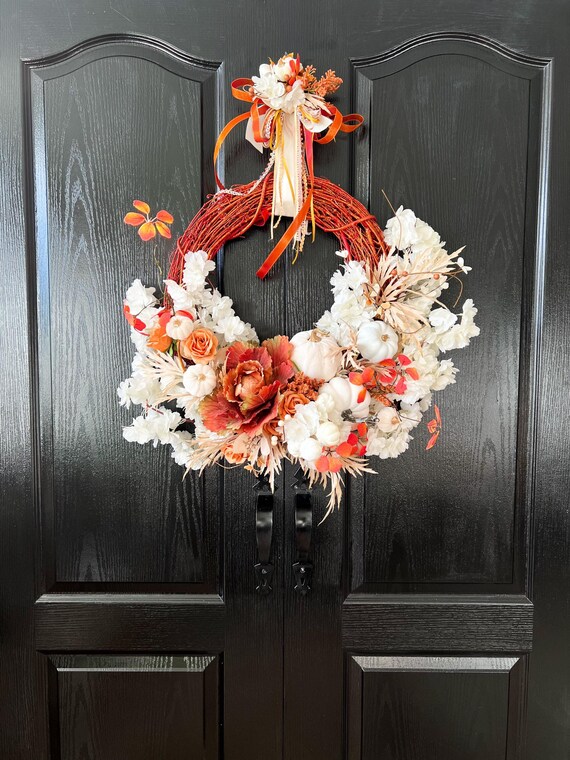 Large elegant orange fall front door wreath, Autumn pumpkin outside wreath for front door, Fall home front door decoration with pumpkins