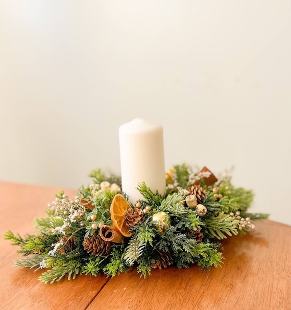 Farmhouse Christmas Arrangement, Winter Centerpiece with Candle, Christmas Table Decor w candle, Christmas Greenery Arrangement with Berries