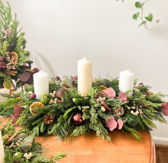 Perfect Christmas gift, Farmhouse Christmas Present with Dried Oranges, Holiday Table Decor, Christmas Arrangement with 3 Candles