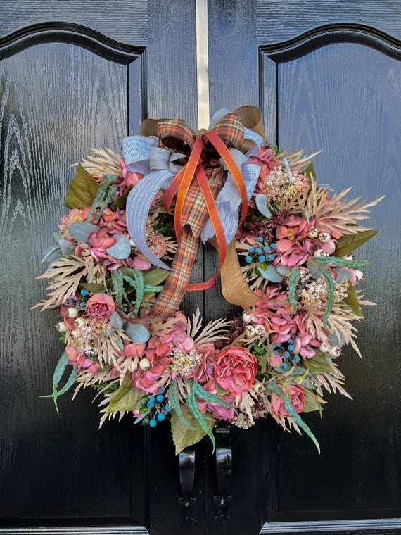 Beautiful fall wreath for front door, Large fake flower wreath for home, Autumn front door wreath for door, Outdoor wreath for backyard