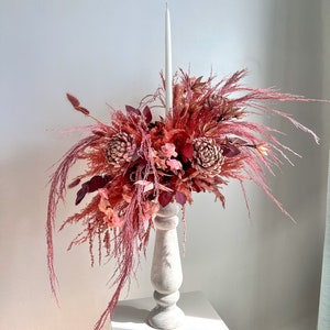 Terracotta Dried Flower Arrangement: White Wooden Candleholder Wedding Centerpiece