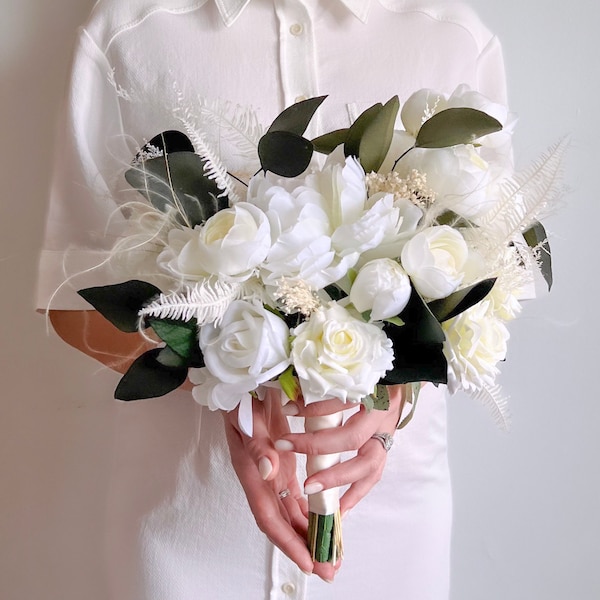 White silk peonies and eternal dark green eucalyptus wedding bouquet with small gentle dried grass, Elegant creamy silk rose bridal bouquet