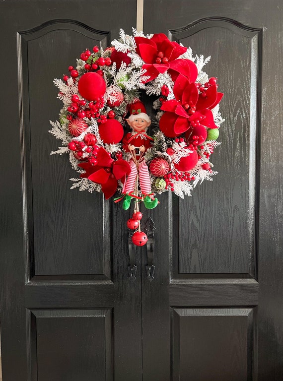 Christmas SALE!!! Festive Christmas wreath with funny elf, Handcrafted Christmas wreath for front door, Red Christmas decoration for home