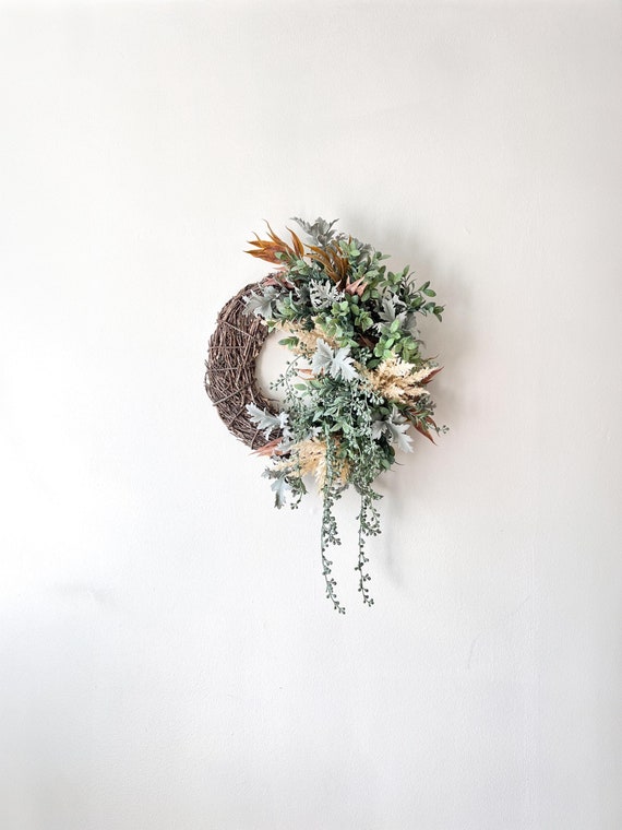 All season front door wreath, Autumn front door wreath, Fall front door wreath with greeneries, Silver greenery front door wreath