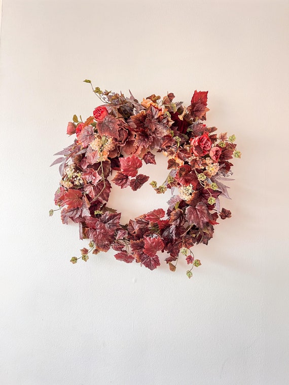 Autumn grape ivy front door wreath, Fall burgundy grape leaves front door wreath, Autumn outside door wreath, Fall home decoration for door