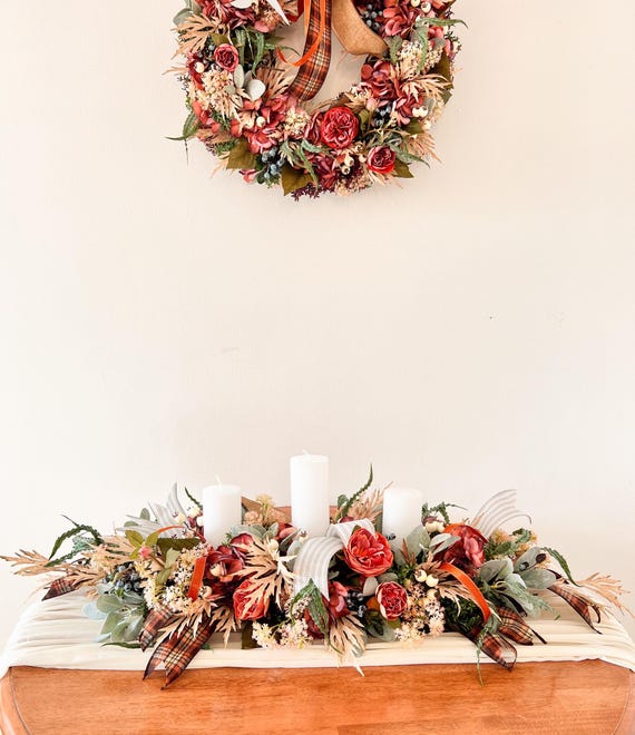 Long autumn silk flower table arrangement, Autumn long fake flower table centrepiece with candles, Fall table decoration for home