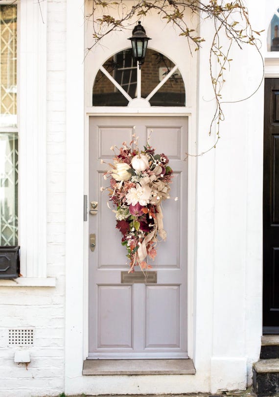 Large gorgeous front door decoration with white pumpkins and velvet maple leaves, Fall decoration door hanger artificial flower arraignment