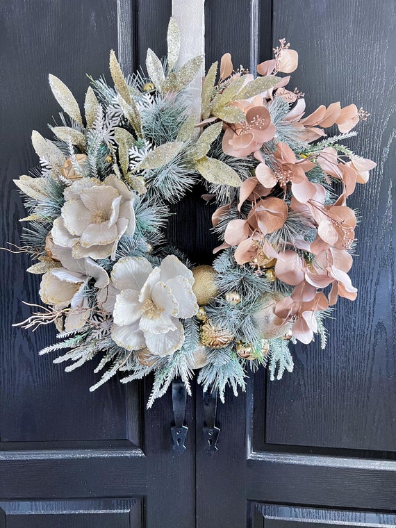 Belgium Pine Front Door Elegant Holiday Christmas Wreath with Beige and Creamy Glitter Poinsettias, Champagne gold Christmas Wreath for gift