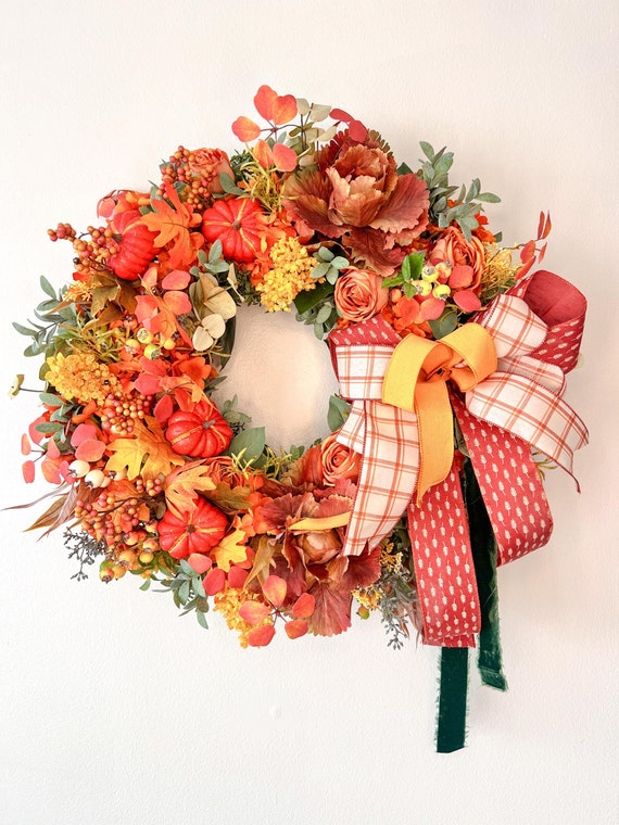 Large orange fall farmhouse front door wreath, Autumn pumpkin outside wreath for front door, Fall home front door decoration with pumpkins