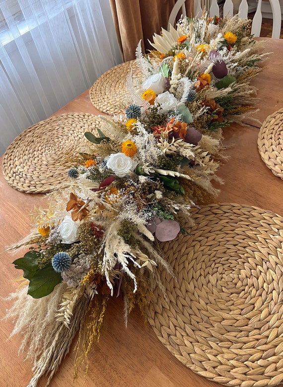 4 ft Long Dry Flower Arrangement, Summer Wildflowers Table Centerpiece, Dried Flowers and Preserved Flowers Long Table Arrangement